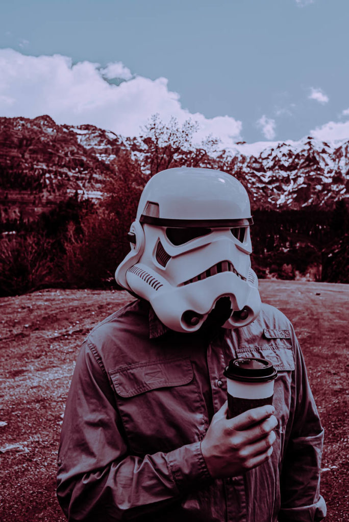 Ouray Elopement Photographer + Videographer, how to travel, storm trooper helmet and san juan brews coffee